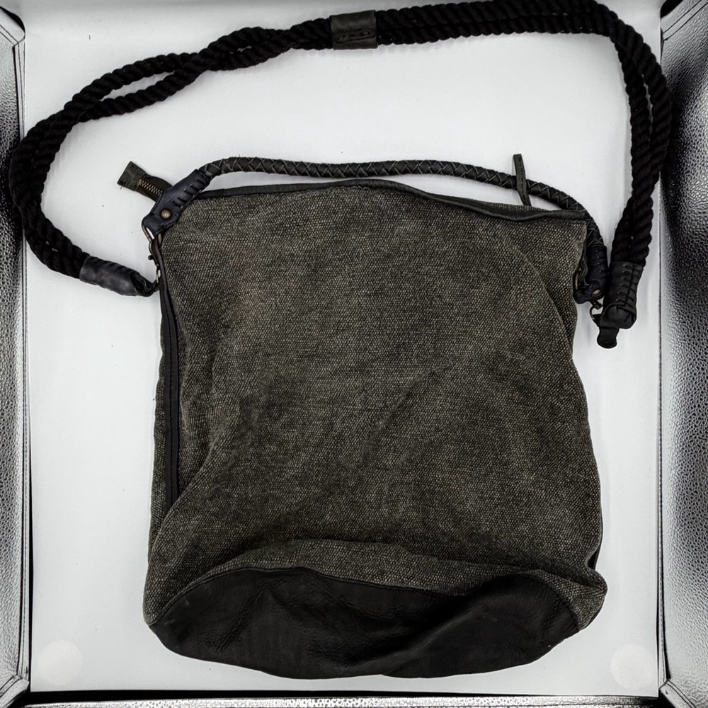 Free People Canvas Leather Grey Black Bohemian Fringed Slouchy Crossbody Bag - Picture 2 of 8